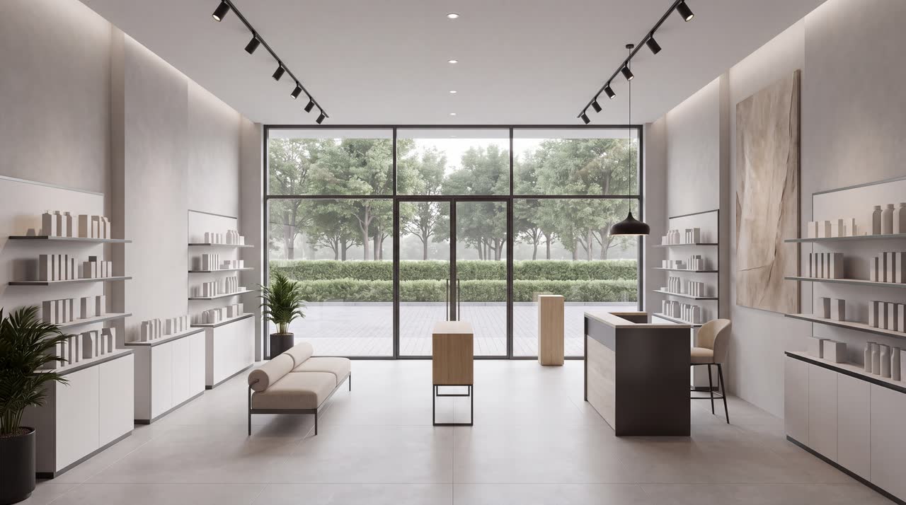 A showroom with open display shelving down both walls, track lighting overhead, a full-height glazed front onto trees, a counter to the right and a low bench and plants to the left.