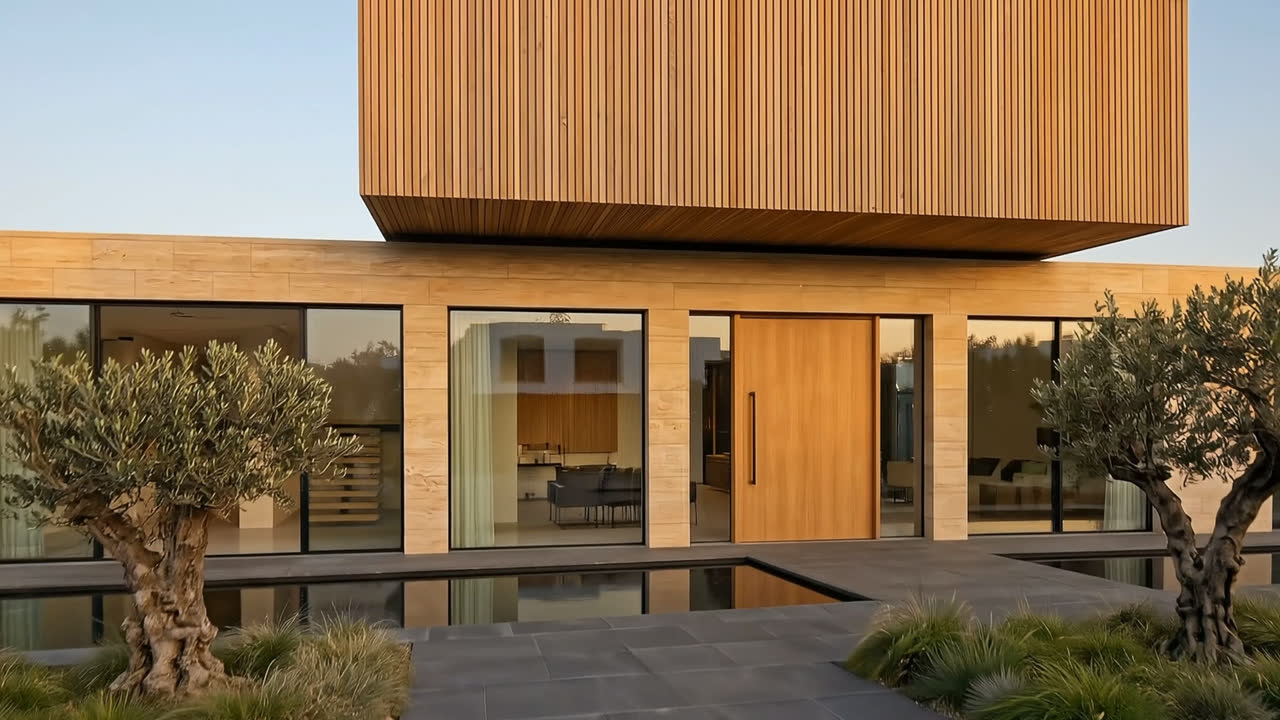 The entrance elevation seen past a mature olive tree, glazing to either side of a solid timber door beneath a deep overhang.