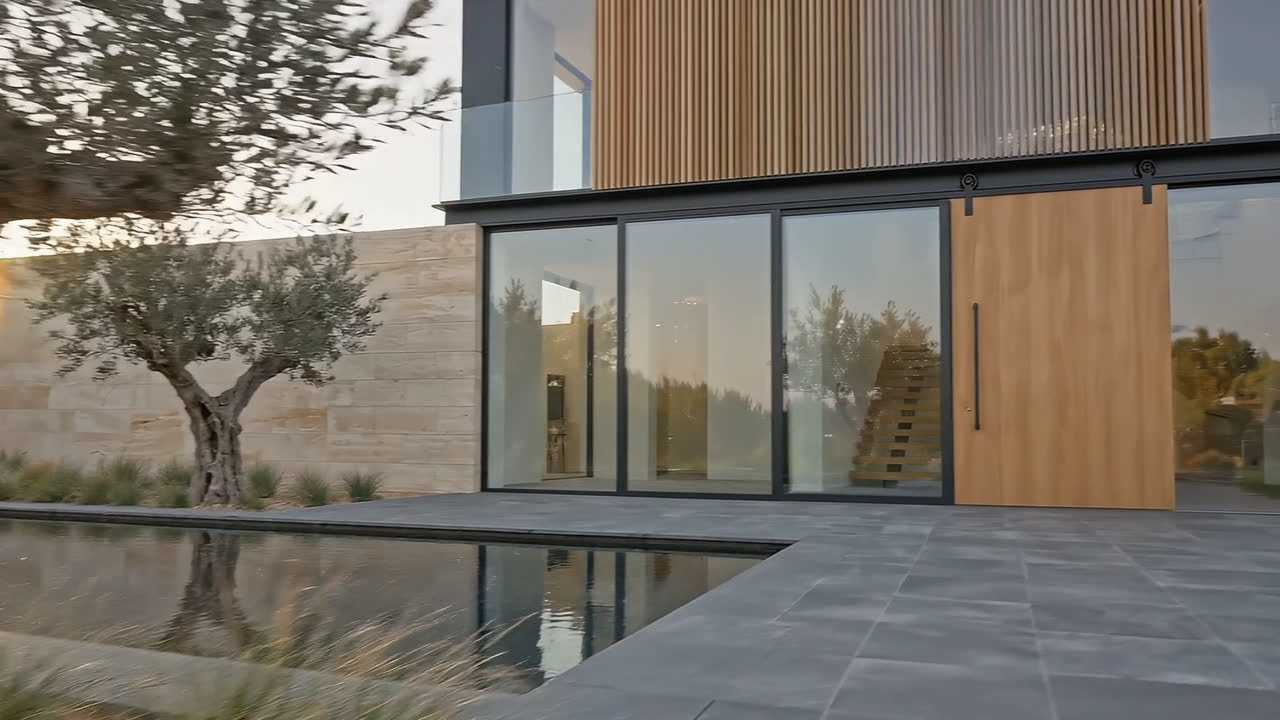 A large sliding timber screen pulled partly across full-height glazing on the garden elevation, stone paving in front.