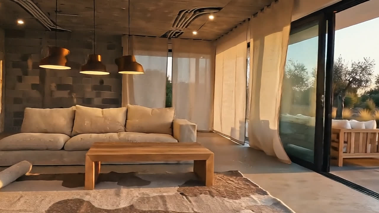 The living space after the refit, pendant lights over a timber table and a sliding glazed door open to the balcony.